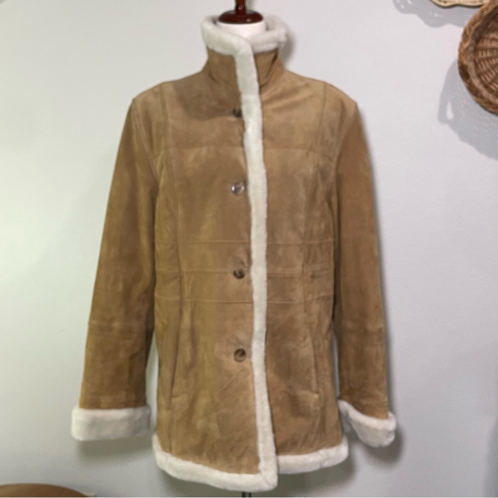 Gorgeous Genuine Suede Leather Coat Faux Fur Tan Women's Size Large Winter Cozy